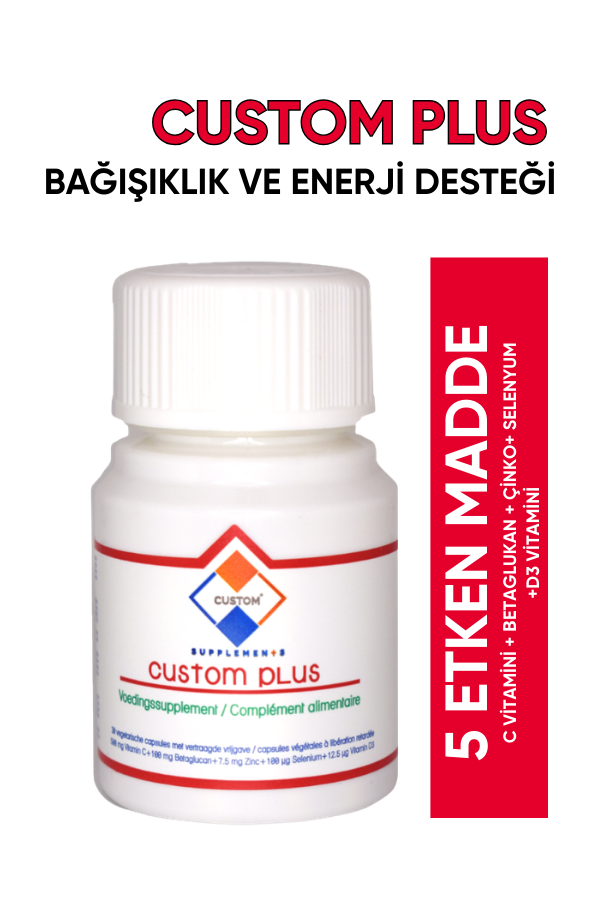 Custom Plus Bağışıklık ve Enerji Desteği – C Vitamini, Beta Glukan, Çinko, D3 – Enterik Kapsül