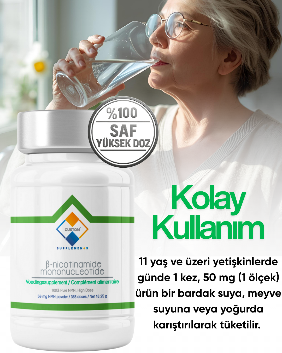Custom Supplements Beta-Nikotinamid Mononükleotid (NMN) İçeren Takviye Edici Gıda