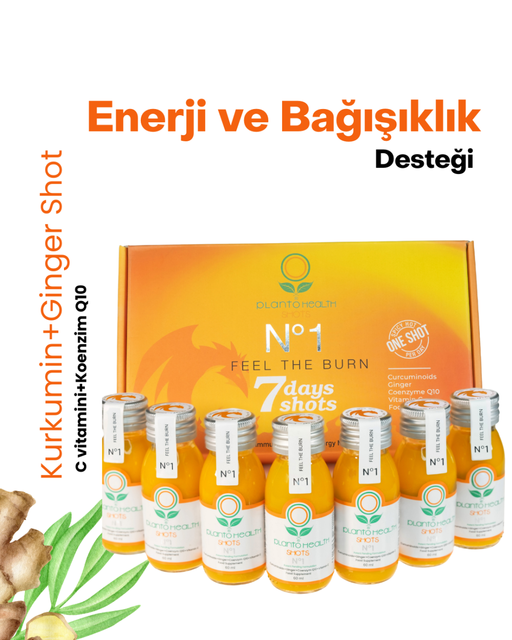 PlantoHealth Shots No.1: Kurkumin+Ginger Shot + Vitamin C + Koenzim Q10 -AVANTAJLI YEDİLİ PAKET