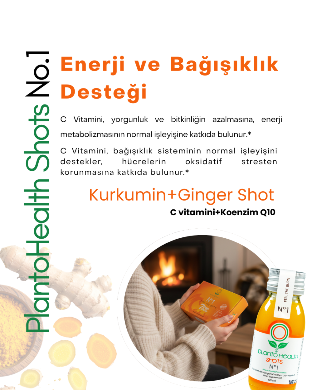 PlantoHealth Shots No.1: Kurkumin+Ginger Shot + Vitamin C + Koenzim Q10 -AVANTAJLI YEDİLİ PAKET